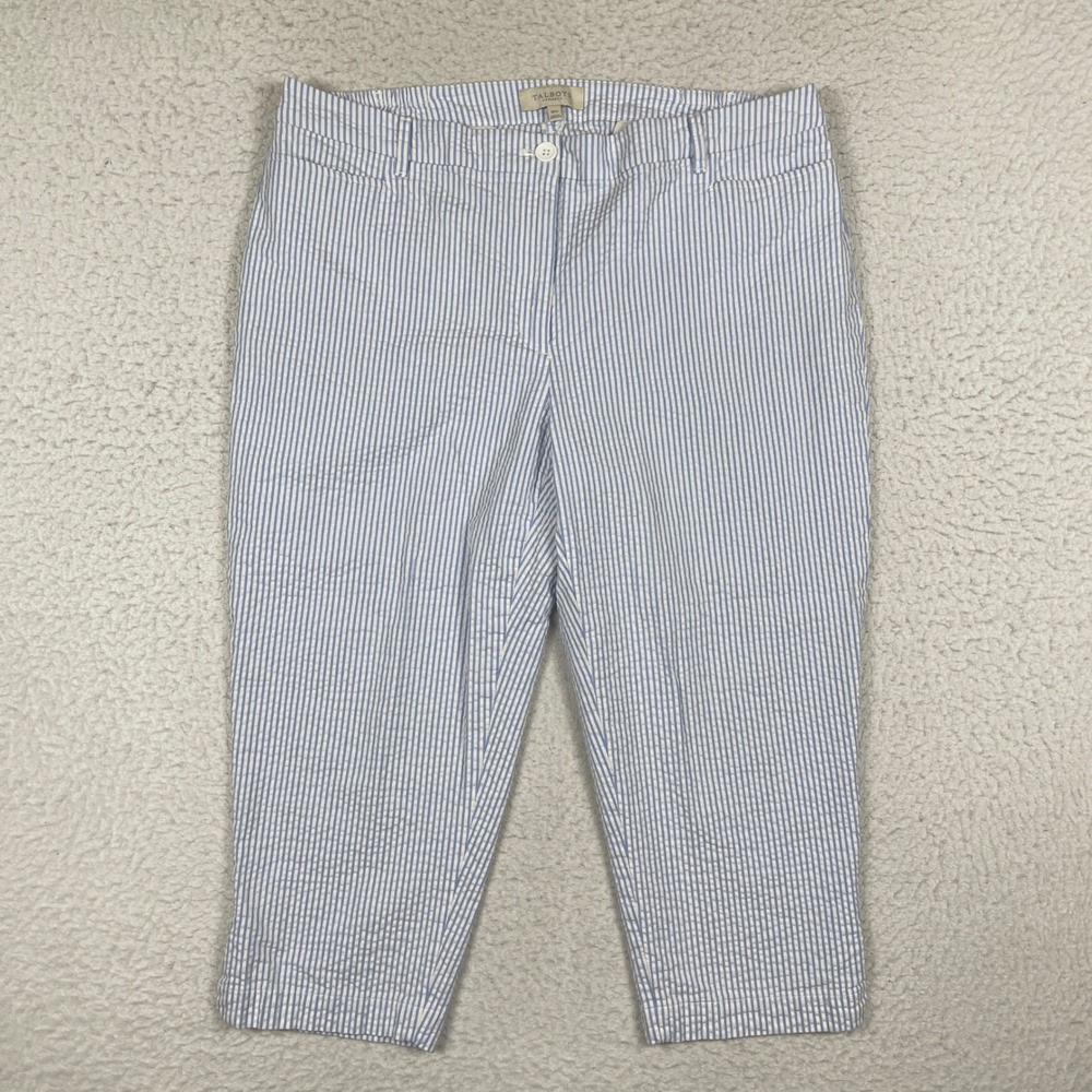 Talbots Seersucker Pants Womens 16W Blue White Striped Cropped Coastal Preppy